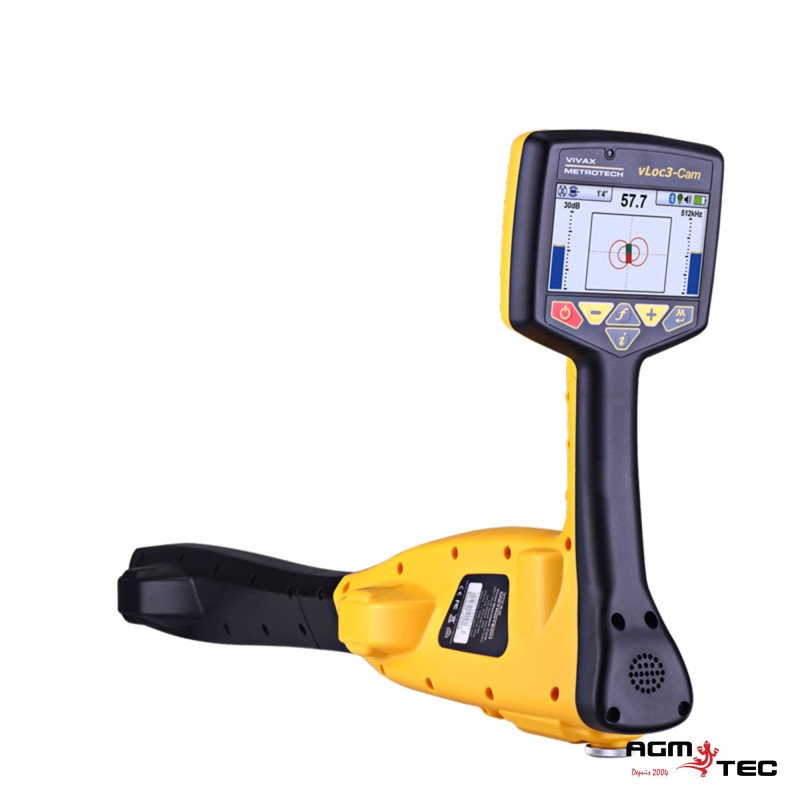 Localisateur de sonde de canalisation vLoc3-Cam avec écran de mesure, poignée de portage et haut-parleur, présenté sur fond blanc